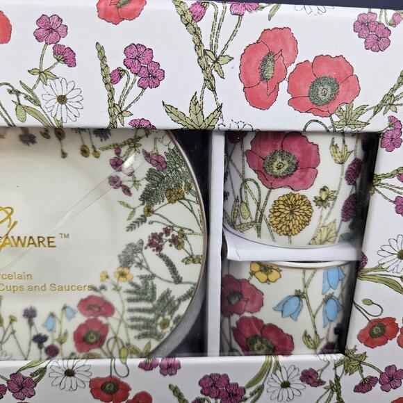 Graces Teaware Espresso Cups Saucers Set 4 Porcelain Floral Gold Trim Boxed New - Picture 3 of 8